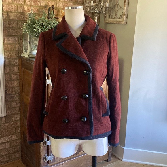 J.Crew Womens Burgundy With Navy Tipped Wool Nello Gori Pea Coat Jacket 8